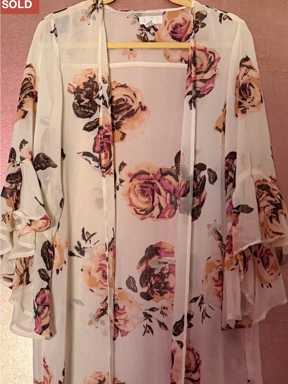 Floral Sheer Kimono Cover-Up - White with Pink & Tan Roses